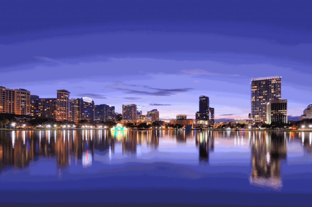 orlando skyline with lake eola in foreground