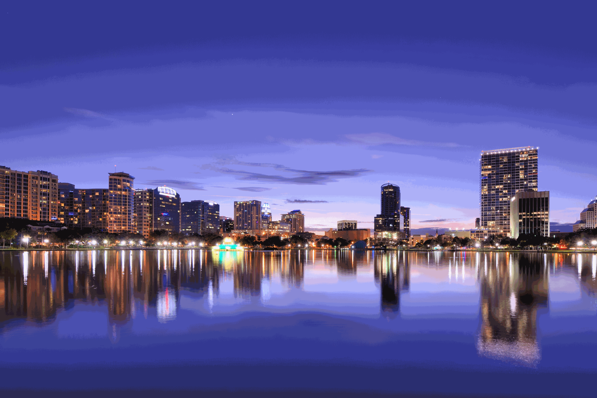 orlando skyline with lake eola in foreground